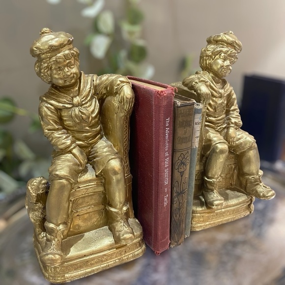 Vintage Set 2 Bookends Heavy Boy with Dog Gold - Picture 3 of 12